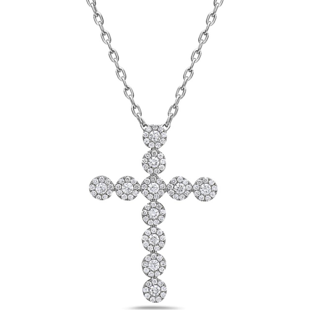 18K White Gold Cross Pendant Necklace with Round Diamond Cluster Motif by Afarin