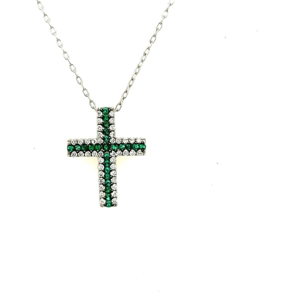 18K White Gold Cross Pendant Necklace with Round Emeralds and Diamond Halo Detailing by Afarin