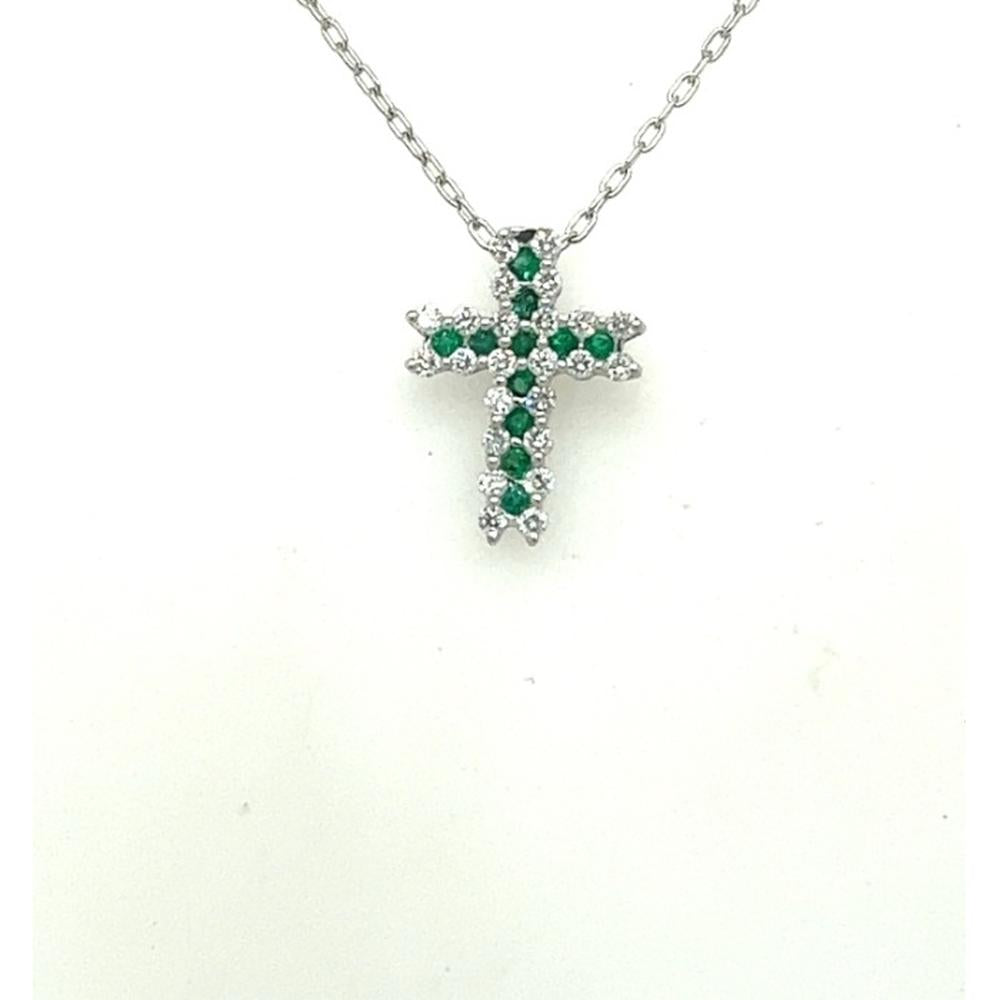 18K White Gold Cross Pendant Necklace with Round Emeralds and Diamonds by Afarin