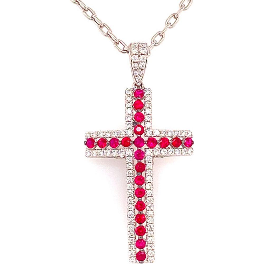 18K White Gold Cross Pendant Necklace with Round Rubies and Diamond Accents by Afarin