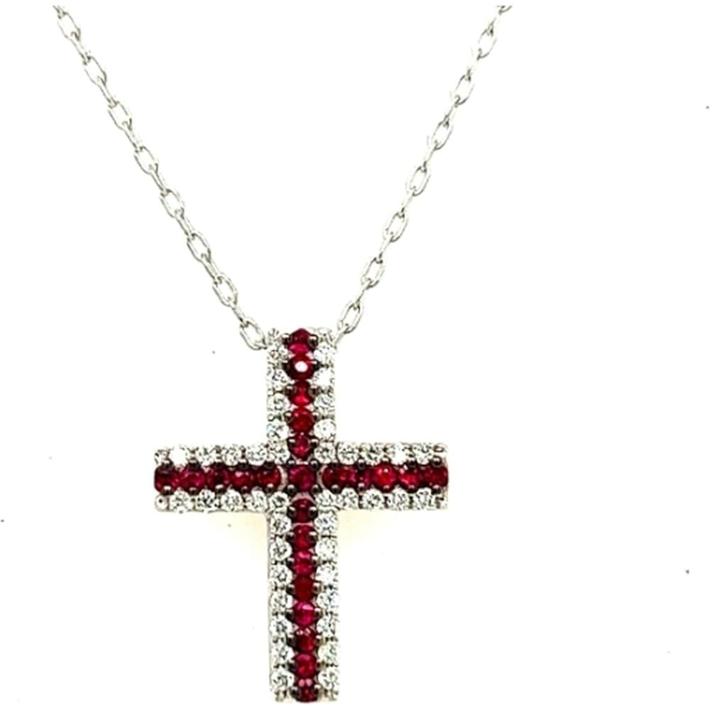 18K White Gold Cross Pendant Necklace with Round Rubies and Diamonds by Afarin