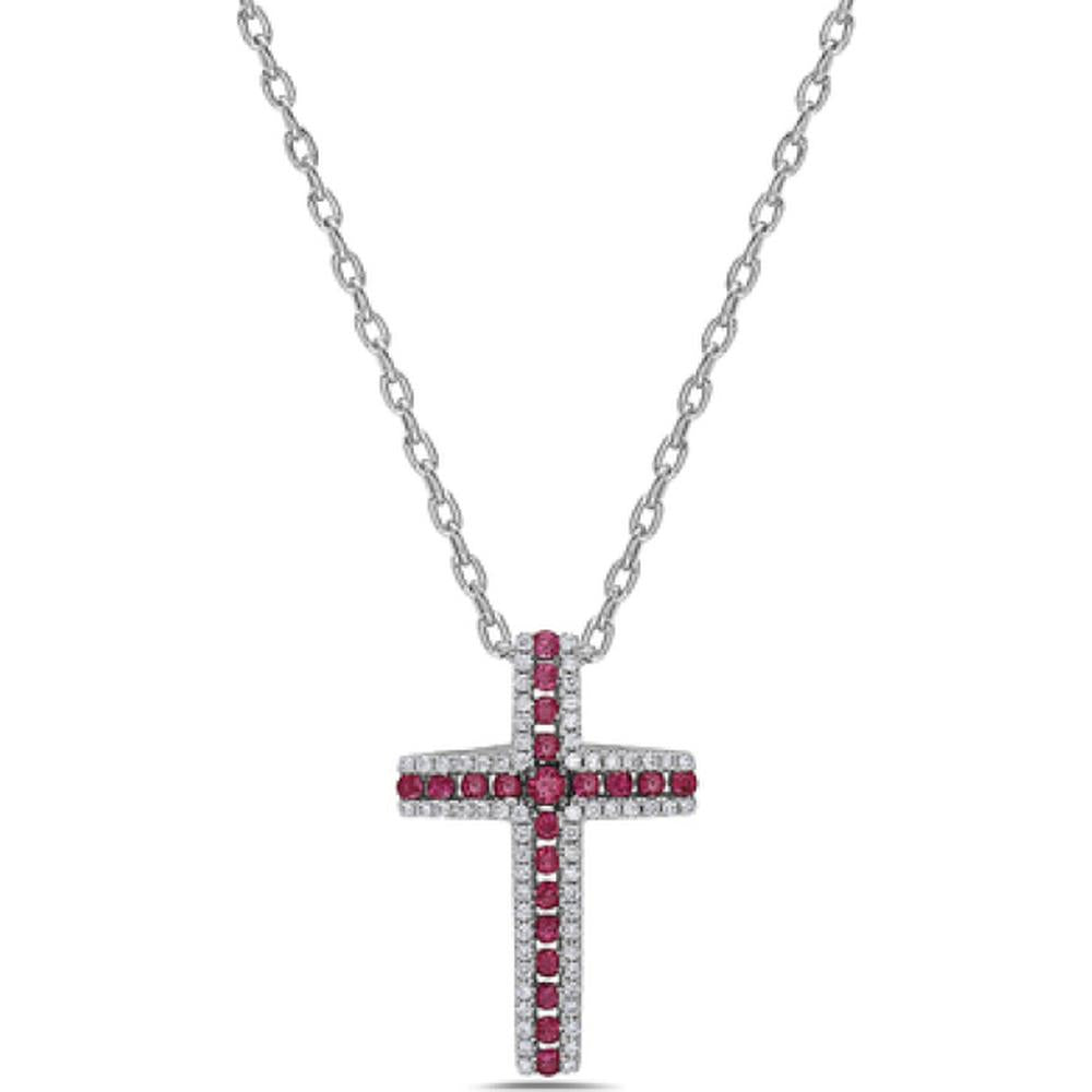 18K White Gold Cross Pendant Necklace with Round Rubies and Round Diamonds by Afarin