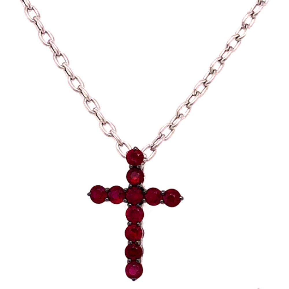 18K White Gold Cross Pendant Necklace with Round Rubies by Afarin