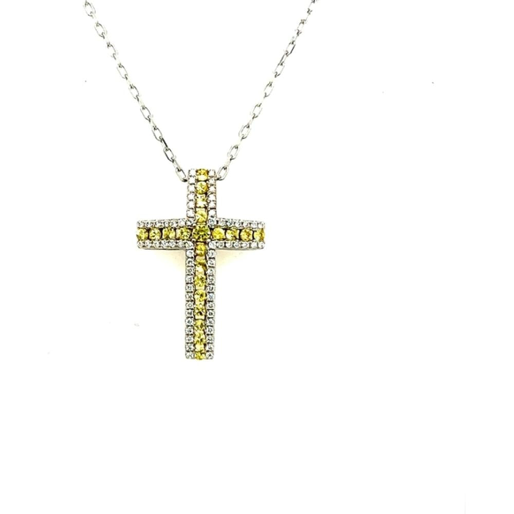 18K White Gold Cross Pendant Necklace with Round Yellow Sapphires and Diamond Accents by Afarin