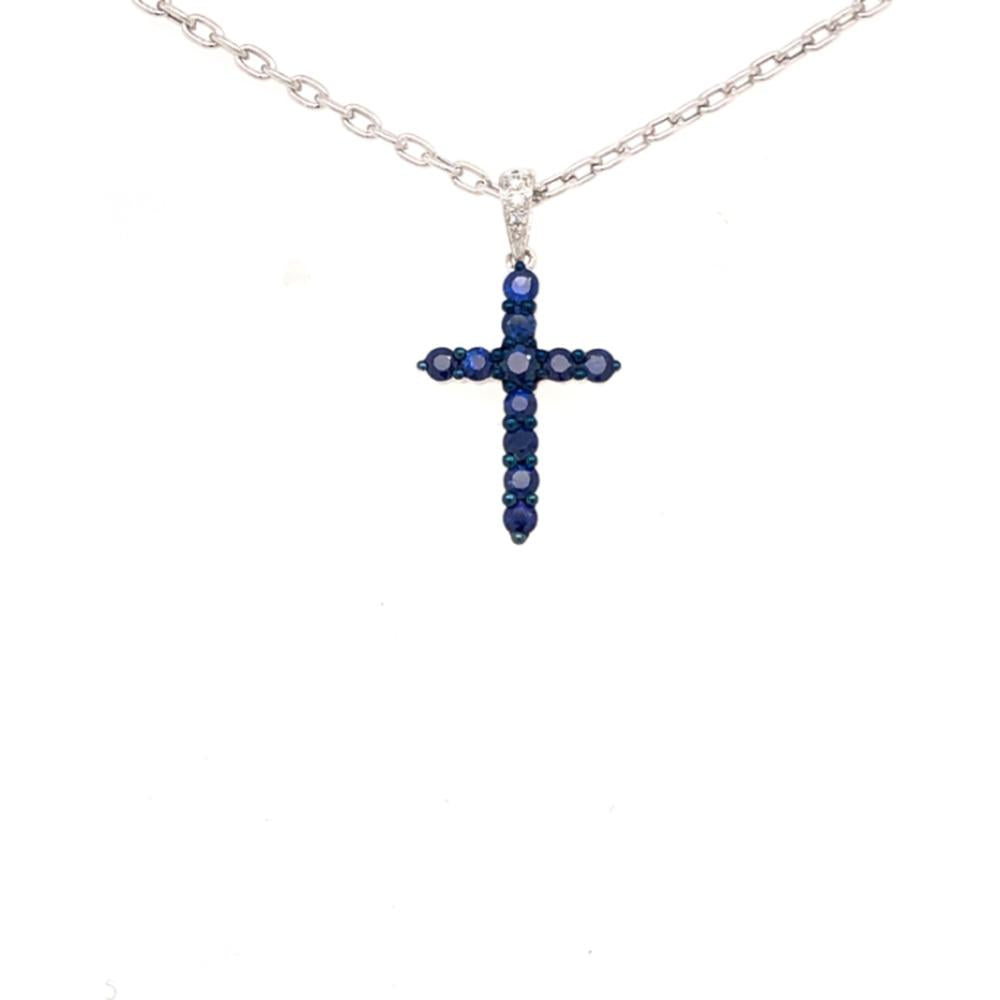 18K White Gold Cross Pendant with Blue Sapphires and Diamond Accented Bail by Afarin