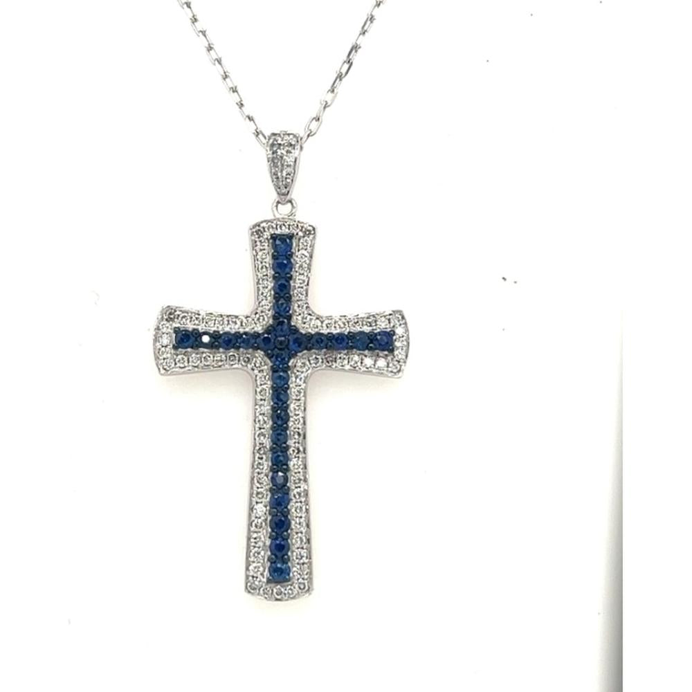 18K White Gold Cross Pendant with Blue Sapphires and Diamond Halo Accents by Afarin