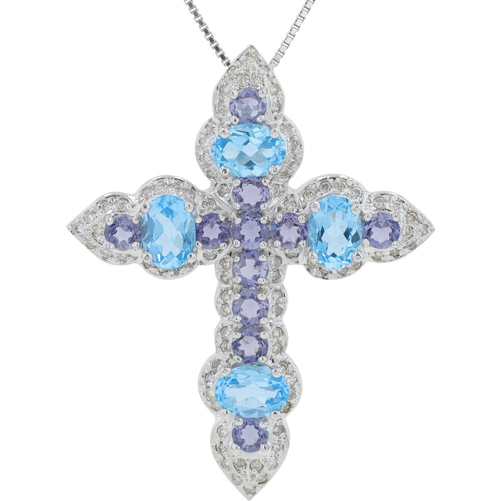18K White Gold Cross Pendant with Diamond Halo and Multicolor Blue and Purple Gemstones - 5.13 Carat Total Gem Weight and 0.70 Carat Total Diamond Weight