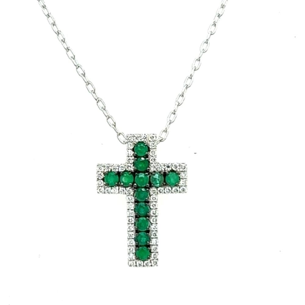 18K White Gold Cross Pendant with Emerald Center Stones and Diamond Halo Frame by Afarin