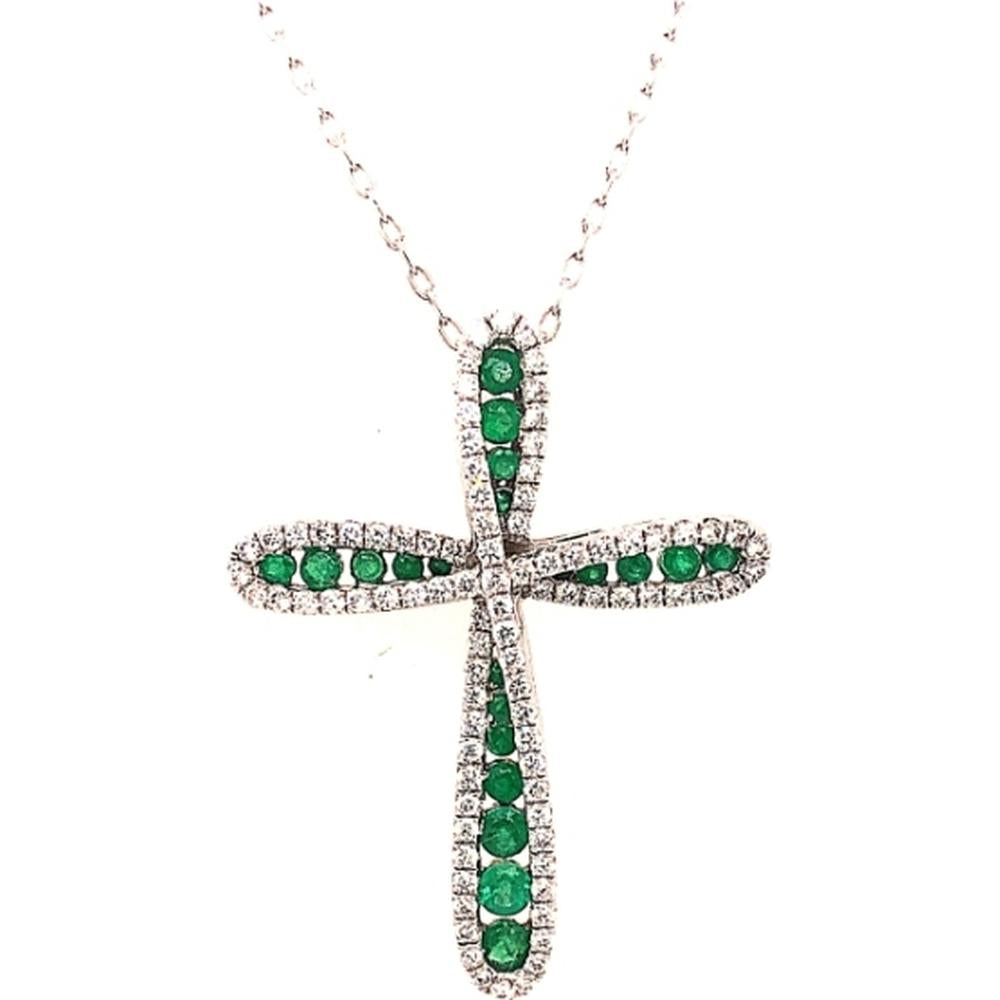 18K White Gold Cross Pendant with Emeralds and Diamond Halo by Afarin