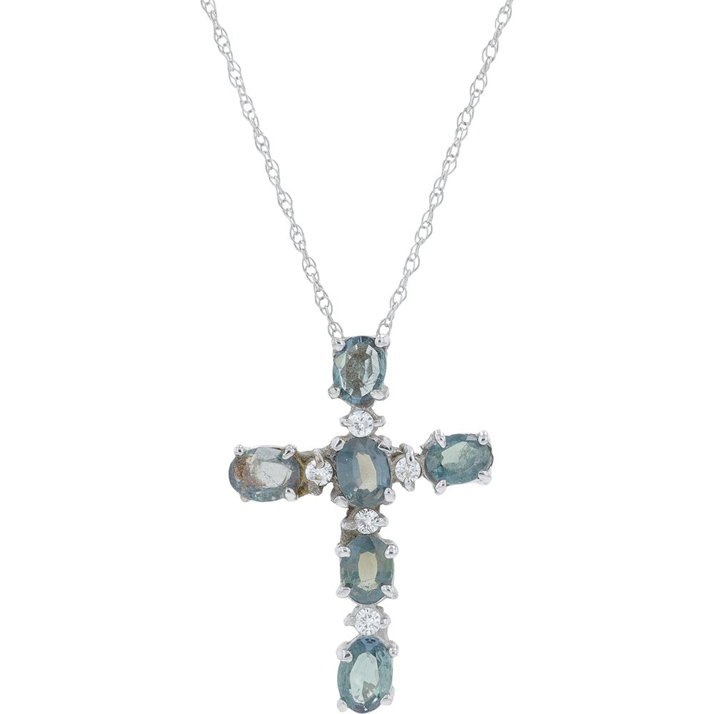 18K White Gold Cross Pendant with Oval Alexandrites and Round Diamond Accents - 0.85 Carat Total Alexandrite Weight and 0.08 Carat Total Diamond Weight