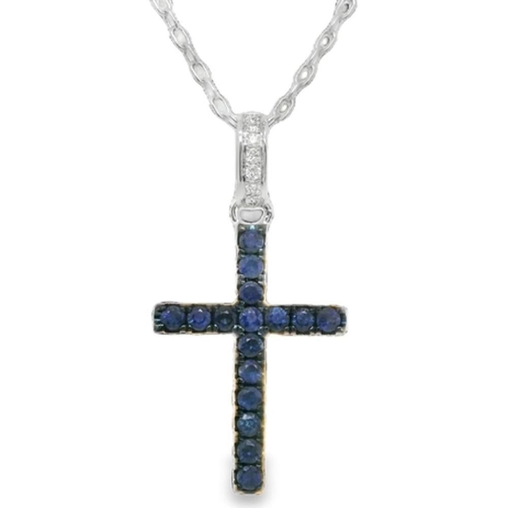 18K White Gold Cross Pendant with Round Blue Sapphires and Diamond Accent Bail by Afarin