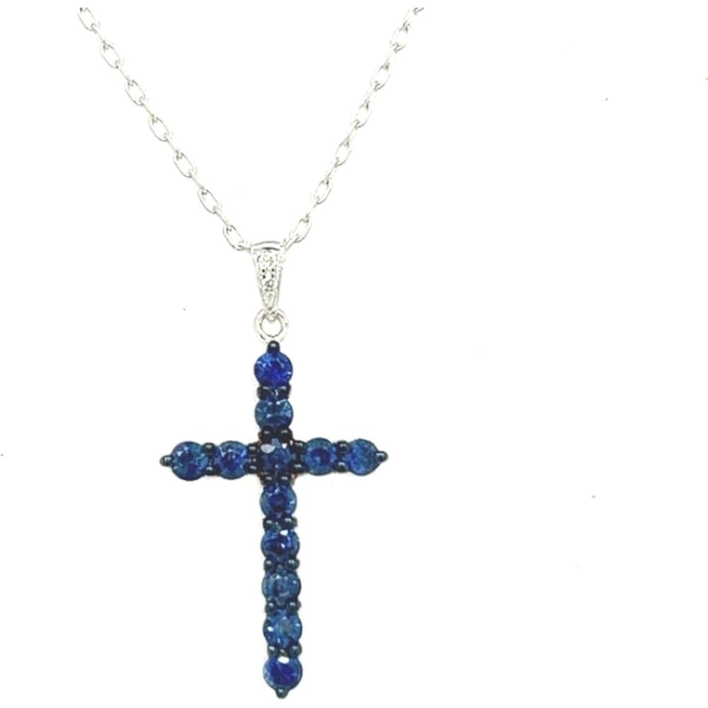 18K White Gold Cross Pendant with Round Blue Sapphires and Diamond Accented Bail by Afarin