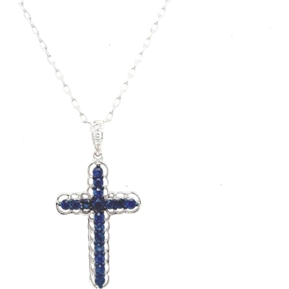 18K White Gold Cross Pendant with Round Blue Sapphires and Diamond Accents by Afarin