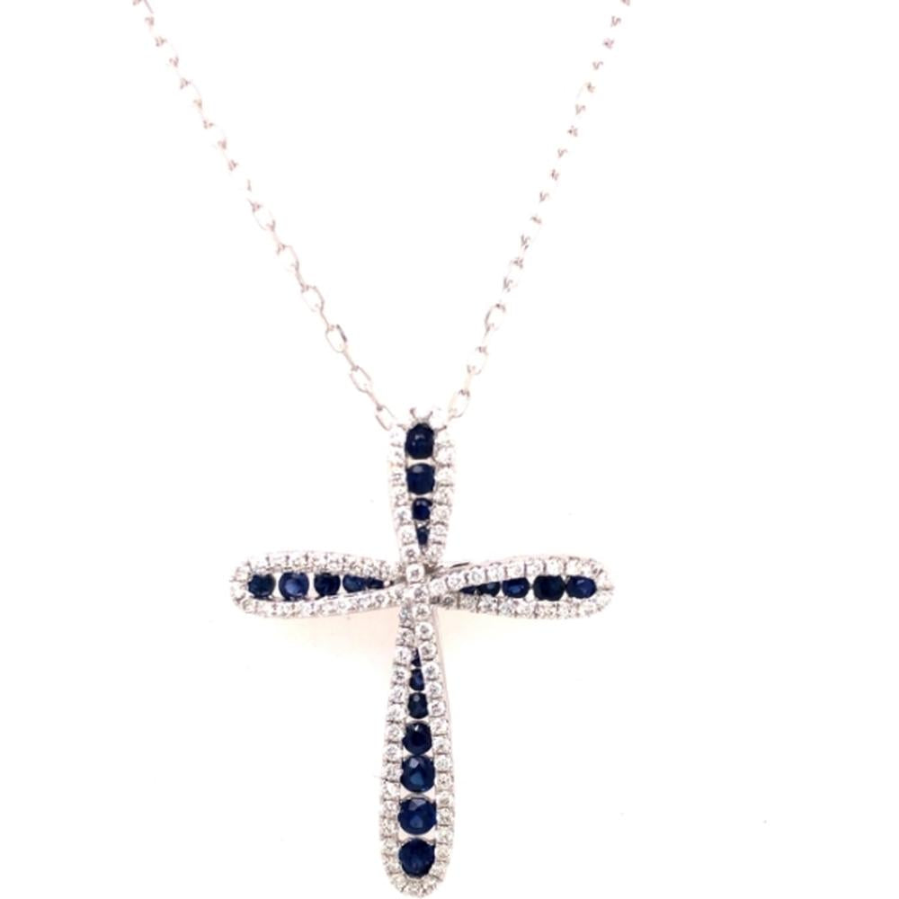 18K White Gold Cross Pendant with Round Blue Sapphires and Diamond Accents by Afarin