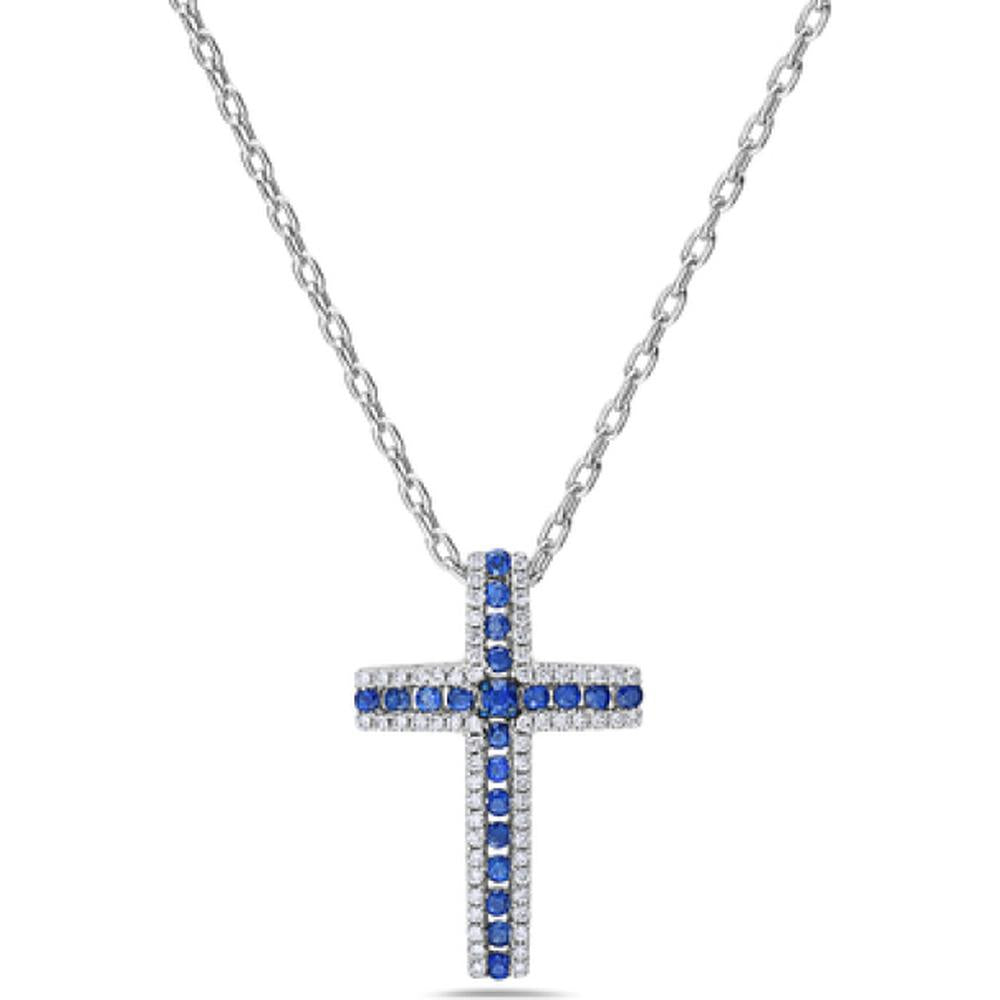 18K White Gold Cross Pendant with Round Blue Sapphires and Diamond Accents by Afarin