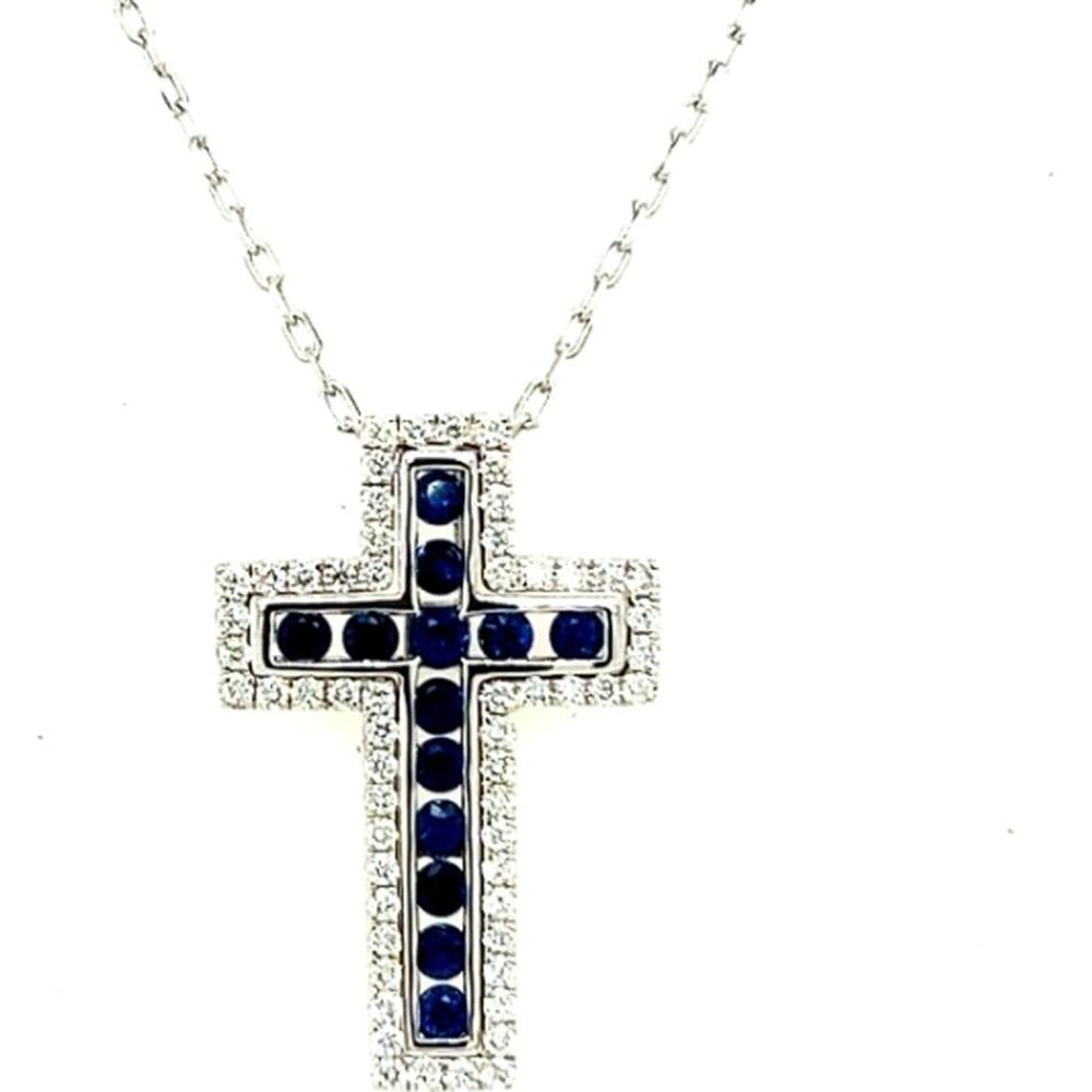 18K White Gold Cross Pendant with Round Blue Sapphires and Diamond Halo by Afarin