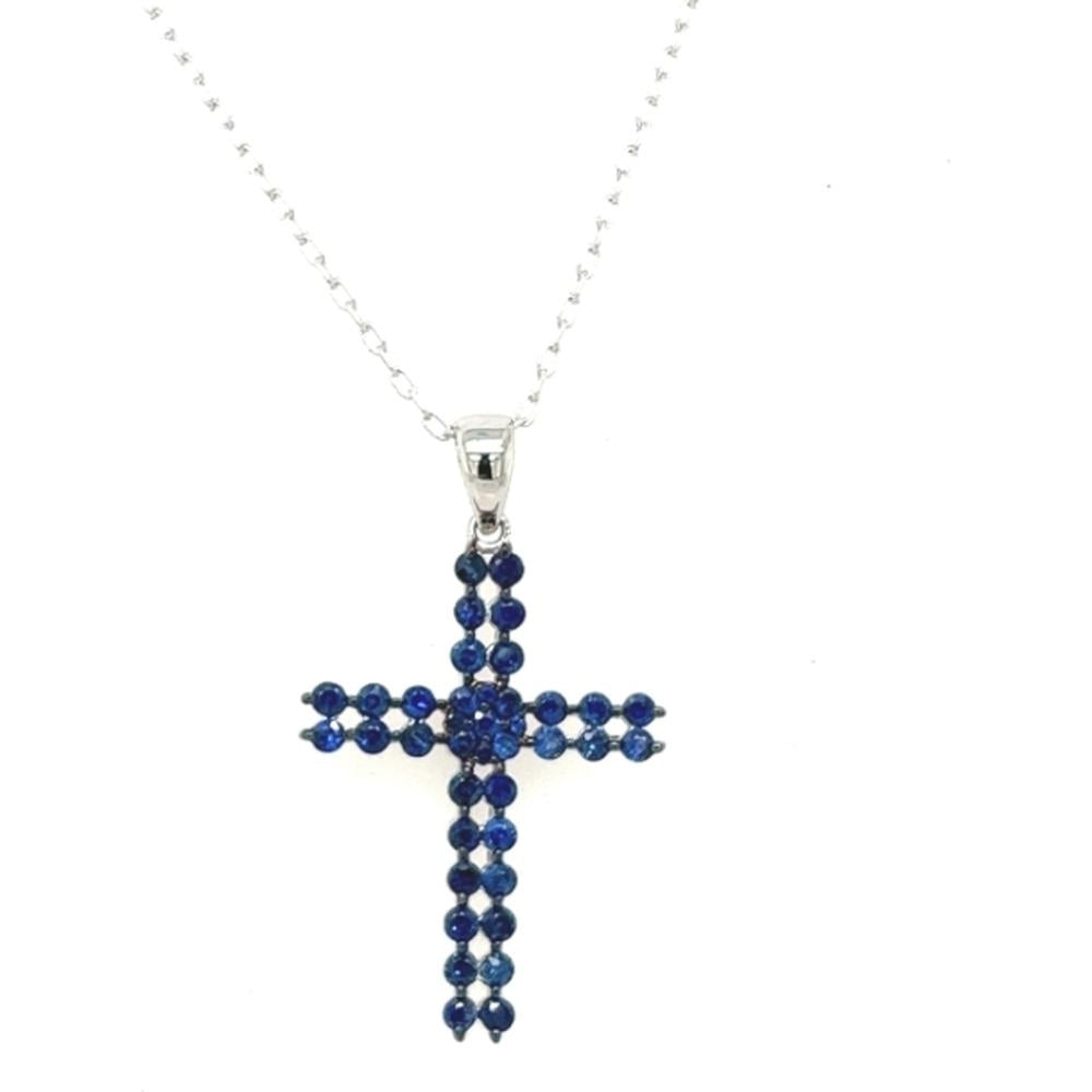18K White Gold Cross Pendant with Round Blue Sapphires by Afarin