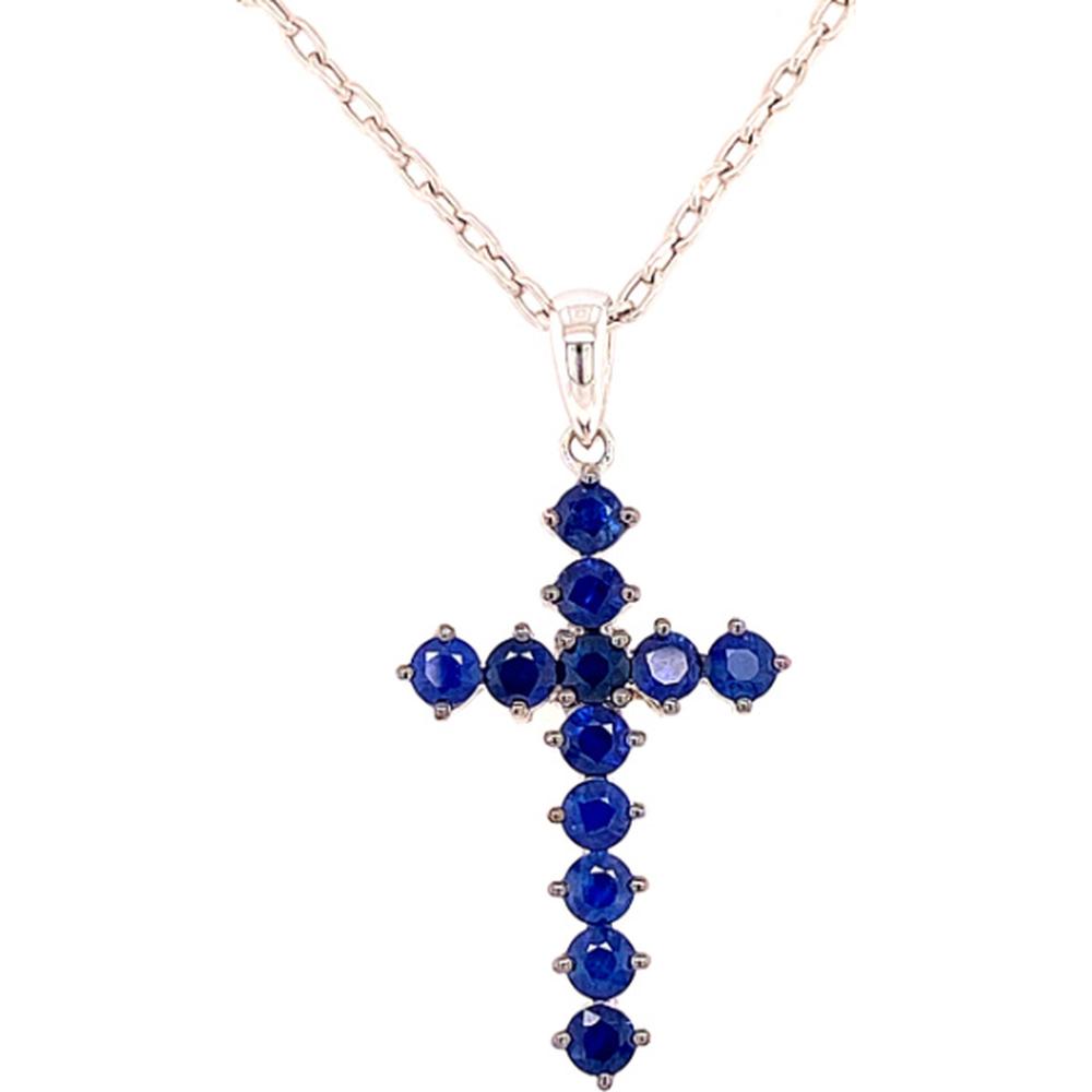 18K White Gold Cross Pendant with Round Blue Sapphires by Afarin