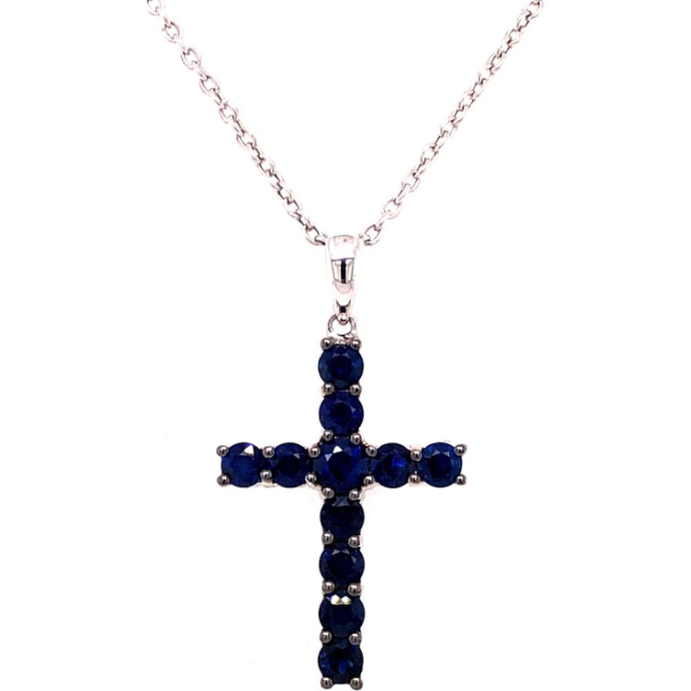 18K White Gold Cross Pendant with Round Blue Sapphires by Afarin