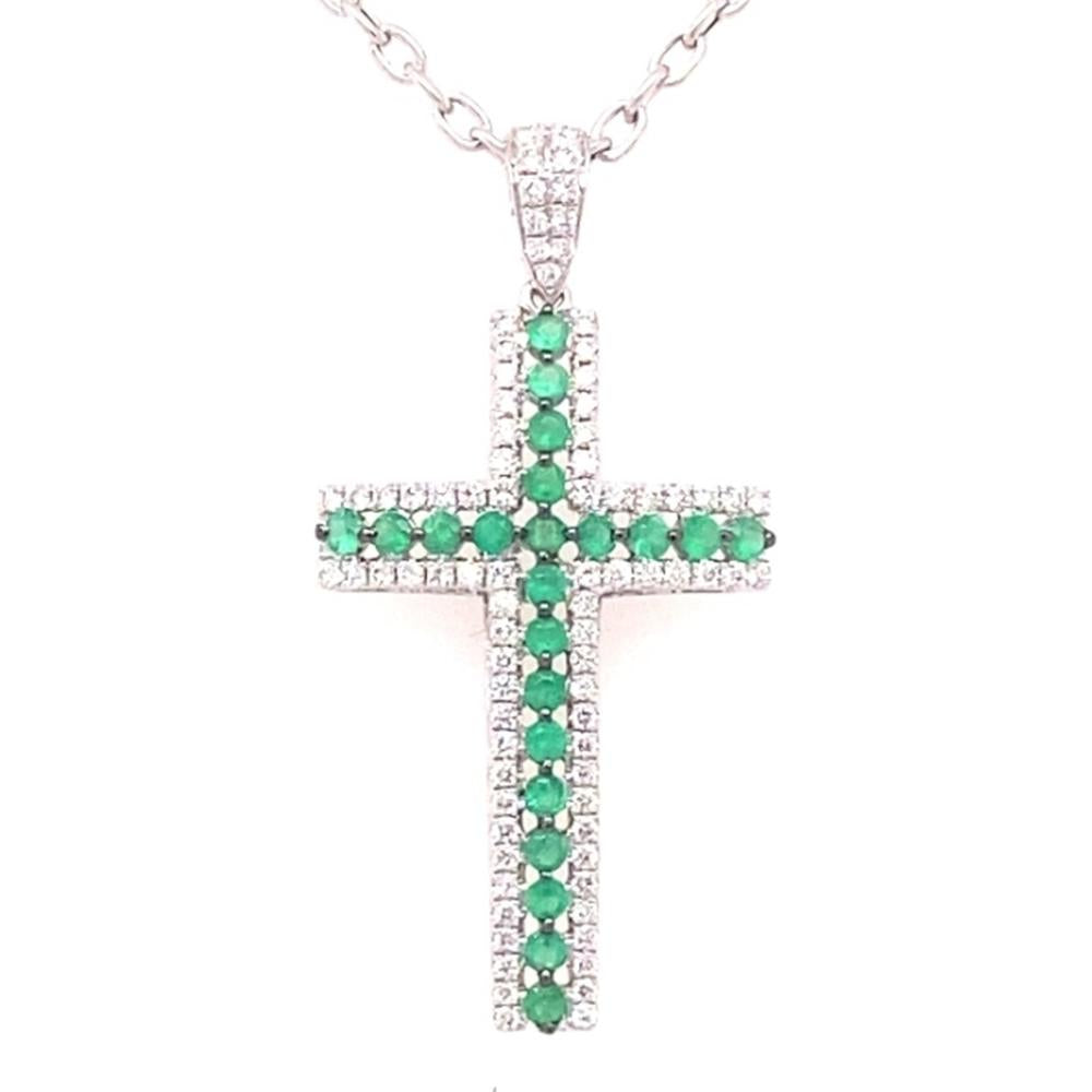 18K White Gold Cross Pendant with Round Emeralds and Diamond Accents by Afarin