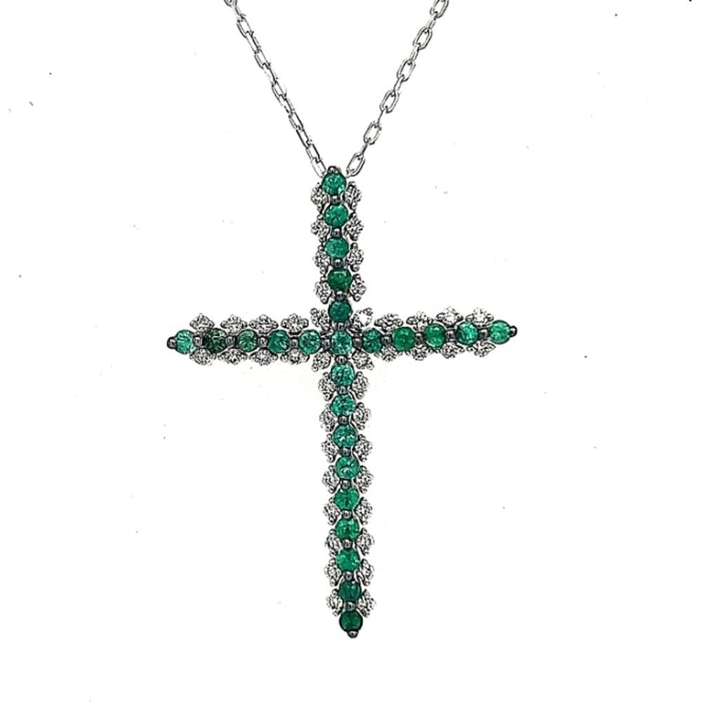 18K White Gold Cross Pendant with Round Emeralds and Round Diamonds by Afarin