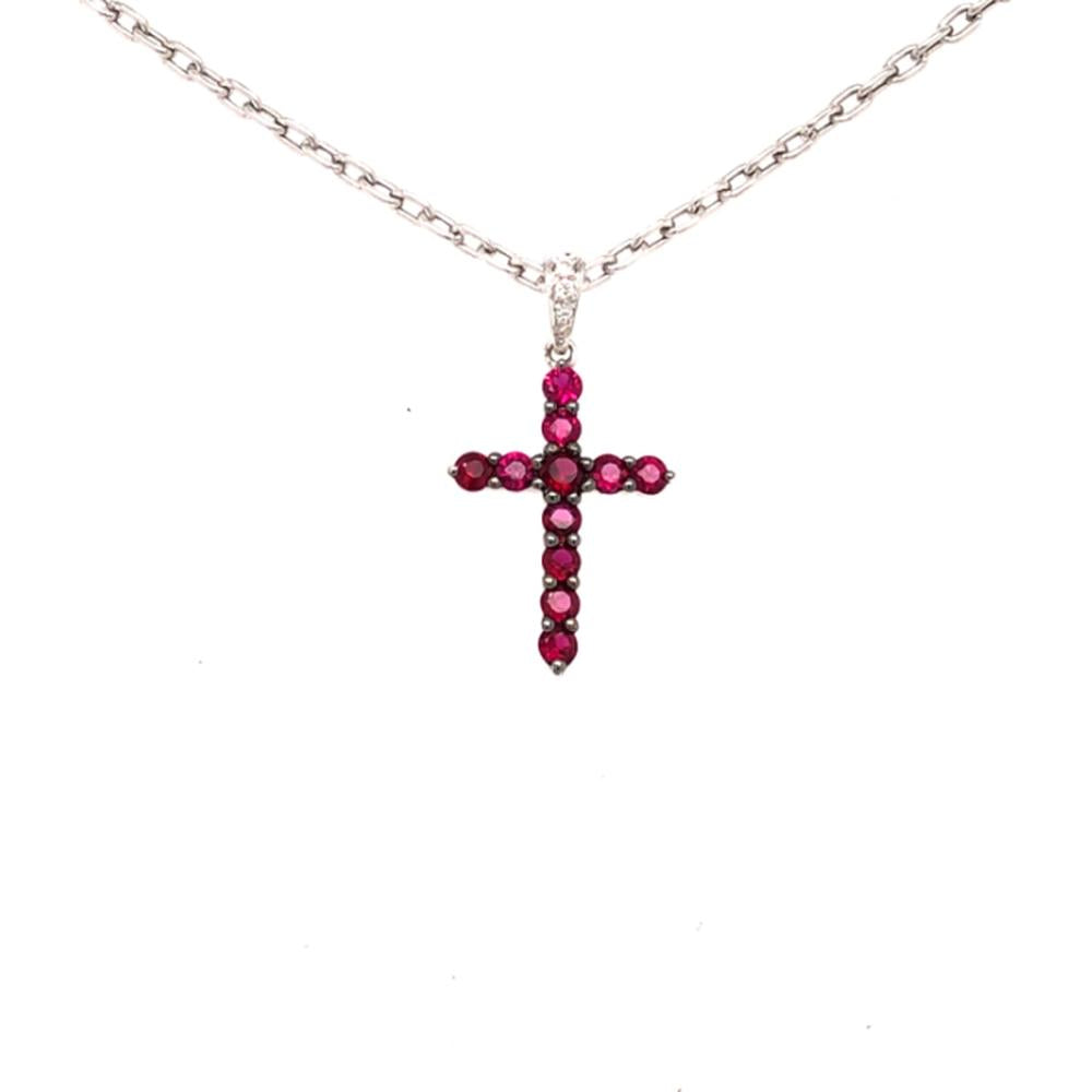 18K White Gold Cross Pendant with Round Rubies and Diamond Accent by Afarin