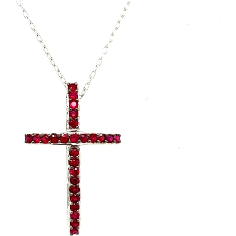 18K White Gold Cross Pendant with Round Rubies and Diamond Accents by Afarin