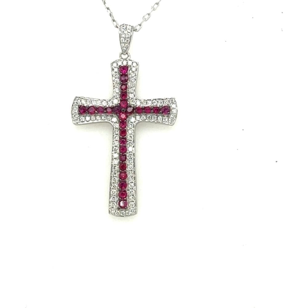 18K White Gold Cross Pendant with Round Rubies and Diamond Halo by Afarin