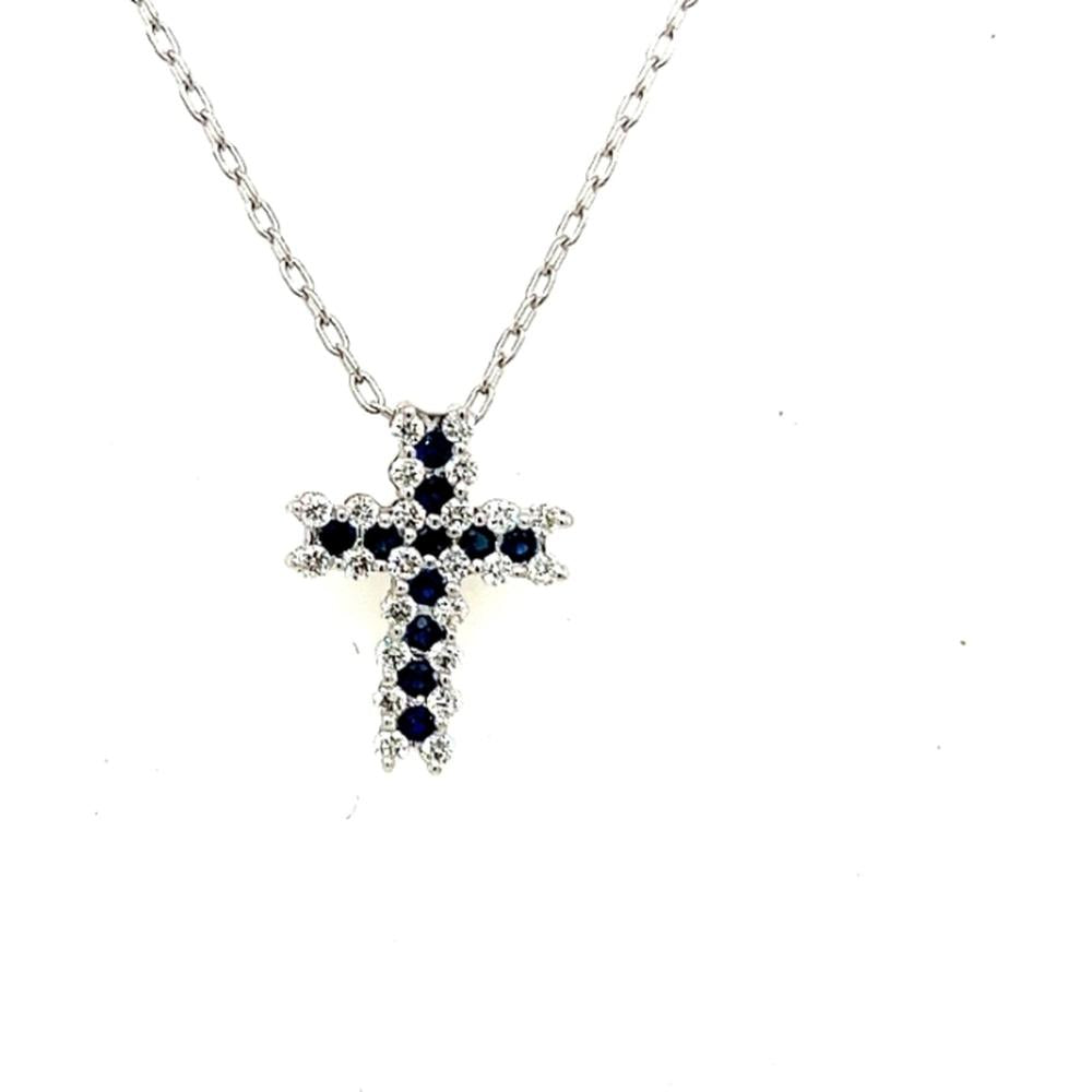 18K White Gold Cross-Style Pendant Necklace with Round Blue Sapphires and Diamond Accents by Afarin