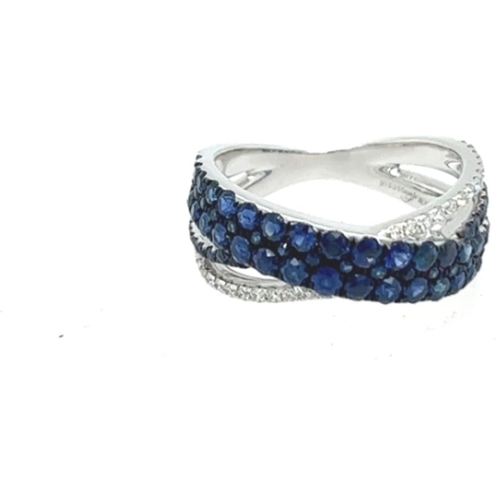 18K White Gold Crossover Band Ring with Blue Sapphires and Diamond Accents by Afarin