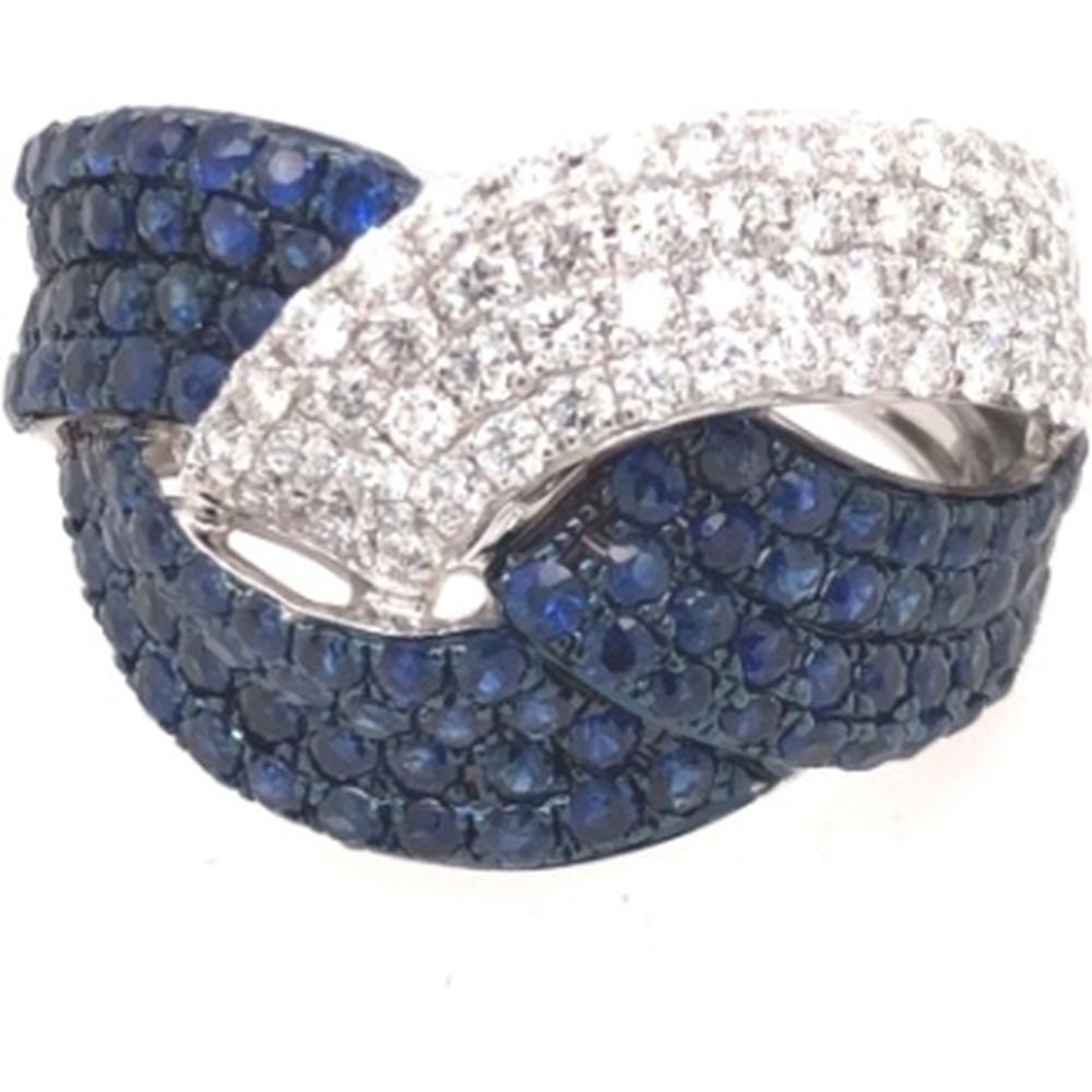 18K White Gold Crossover Ring with Blue Sapphires and Diamond Pave by Afarin