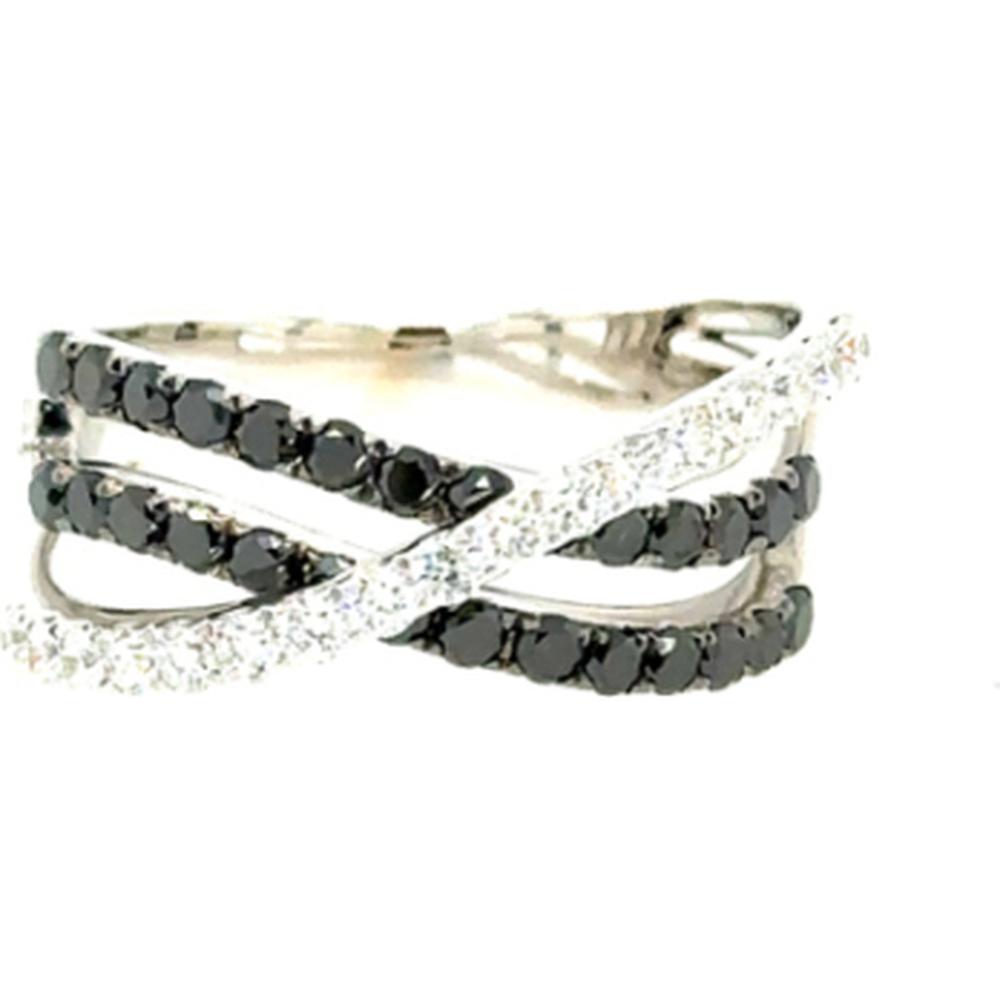 18K White Gold Crossover Ring with Round Black and White Diamonds by Afarin