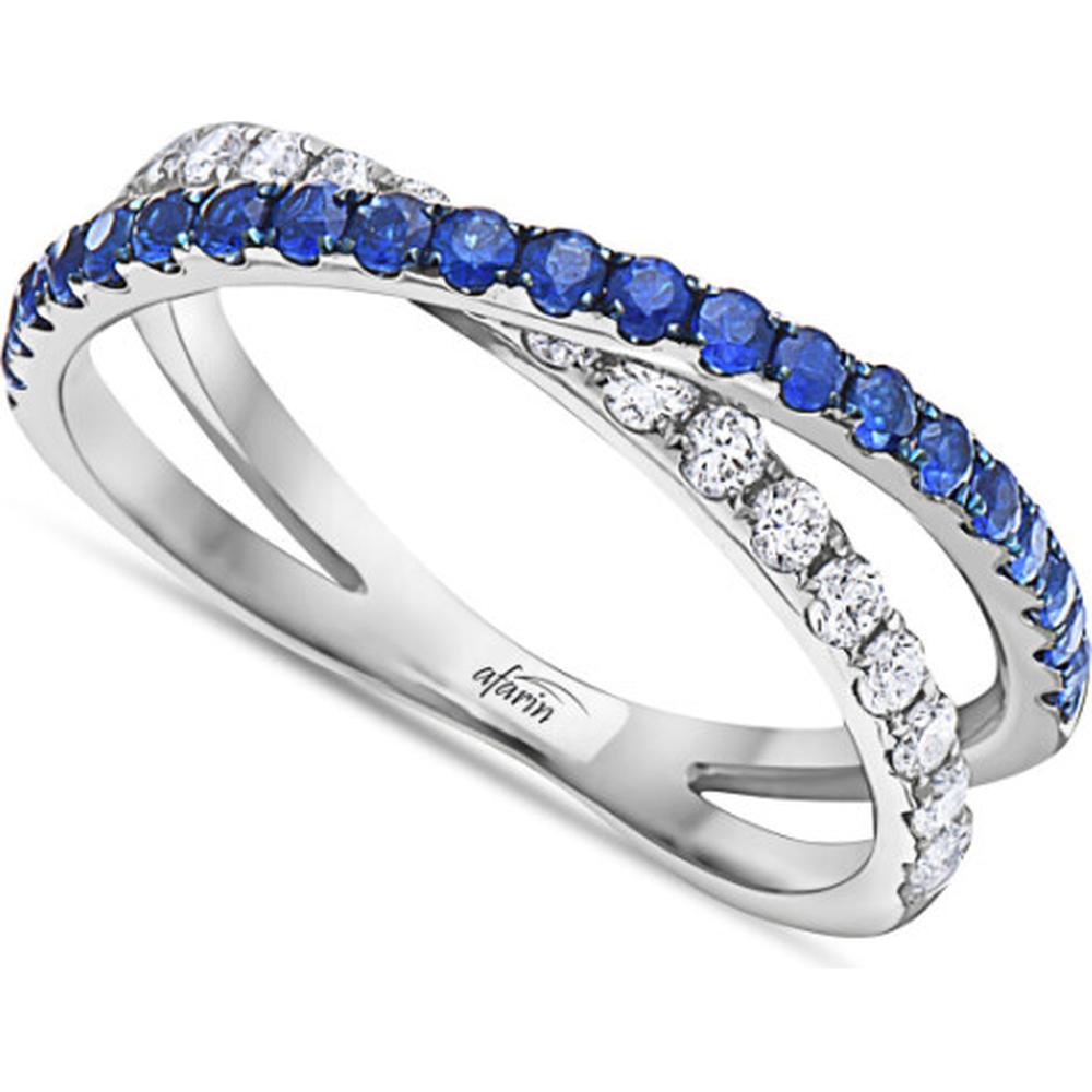 18K White Gold Crossover Ring with Round Blue Sapphires and Diamonds by Afarin