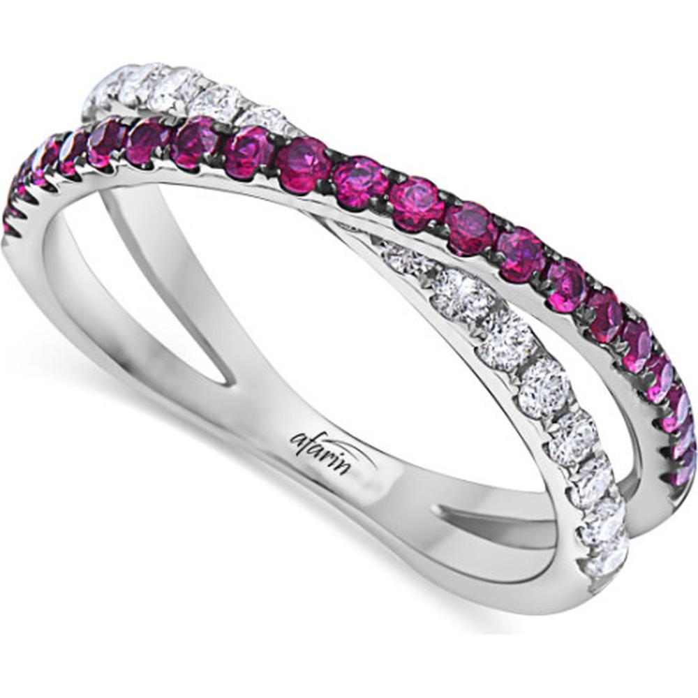 18K White Gold Crossover Ring with Round Rubies and Round Diamonds by Afarin