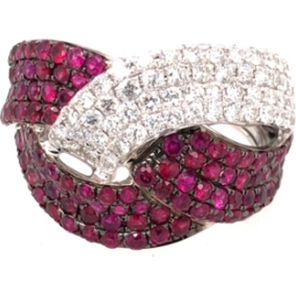 18K White Gold Crossover Ring with Rubies and Diamonds by Afarin