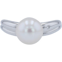 18K White Gold Curved Band Pearl Ring with Single Diamond Accent - 9mm Pearl and 0.01 Carat Total Diamond Weight