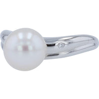 18K White Gold Curved Band Pearl Ring with Single Diamond Accent - 9mm Pearl and 0.01 Carat Total Diamond Weight