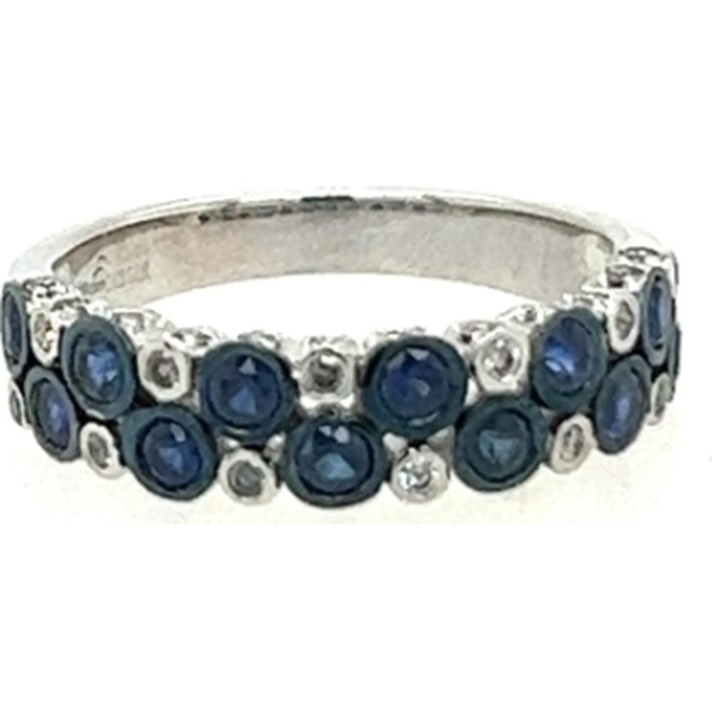 18K White Gold Curved Band Ring with Round Blue Sapphires and Diamond Accents by Afarin