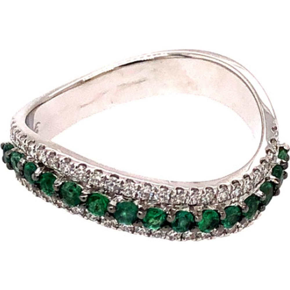 18K White Gold Curved Band Ring with Round Emeralds and Diamond Accents by Afarin