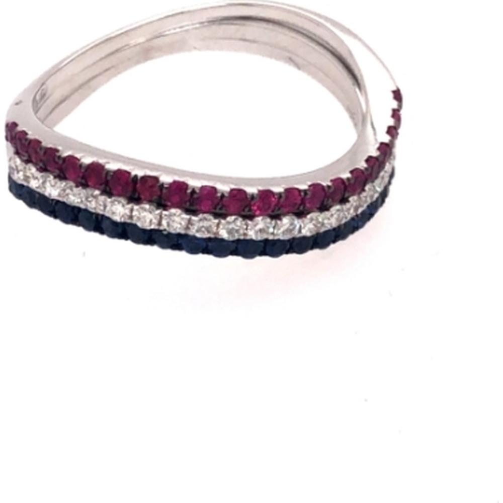 18K White Gold Curved Band Ring with Round Rubies, Diamonds, and Blue Sapphires by Afarin