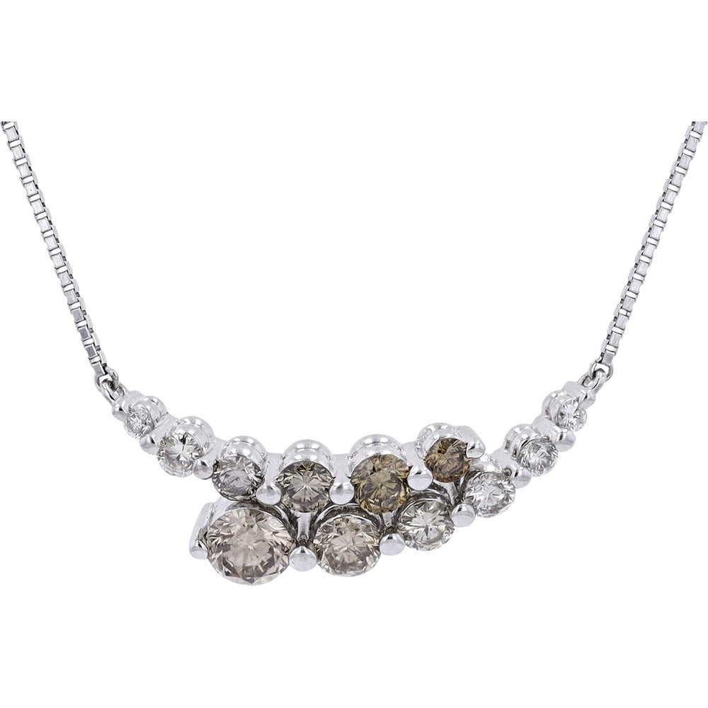 18K White Gold Curved Bar Bypass Necklace with Prong-Set Round Diamonds - 2.00 Carat Total Diamond Weight