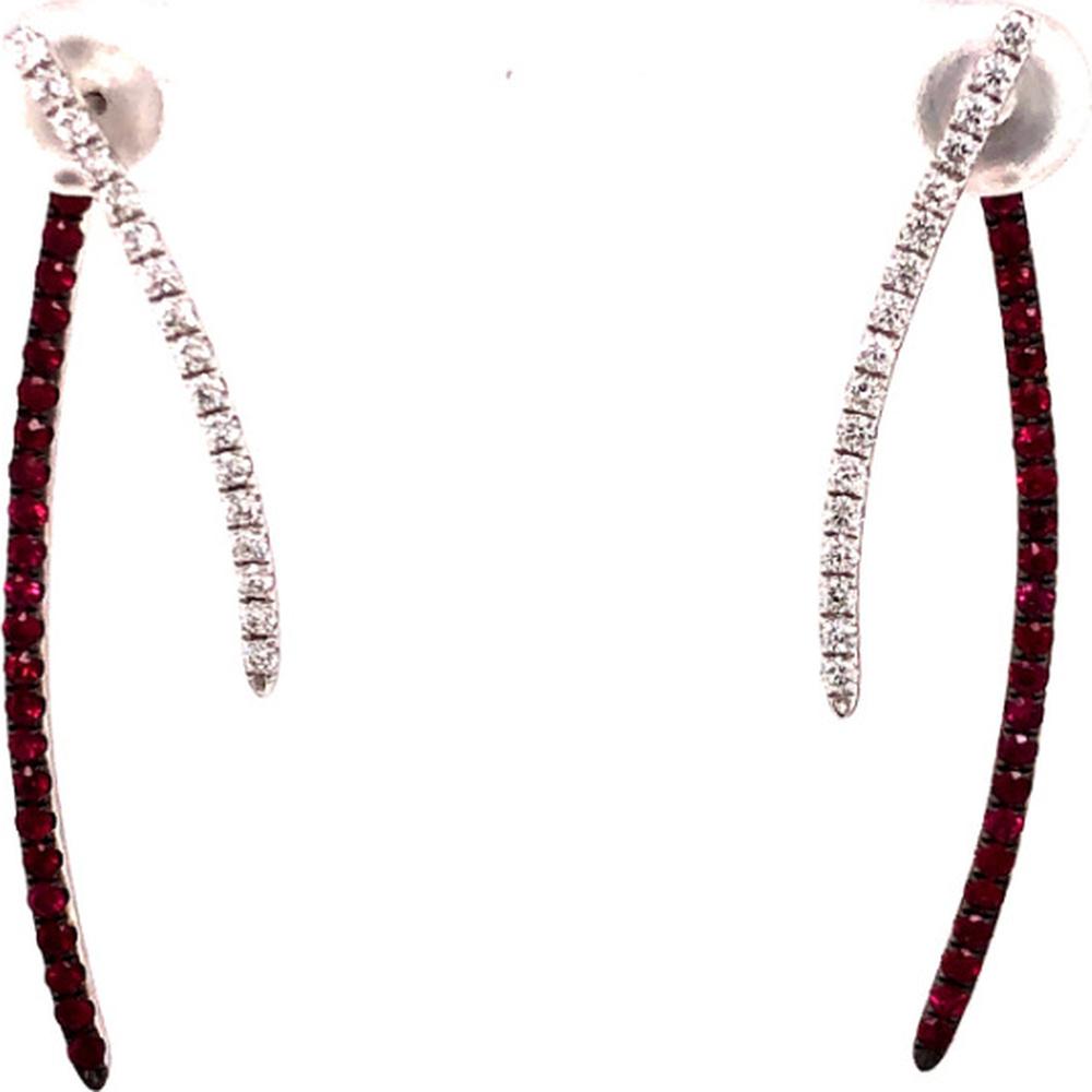 18K White Gold Curved Drop Earrings with Diamonds and Rubies by Afarin