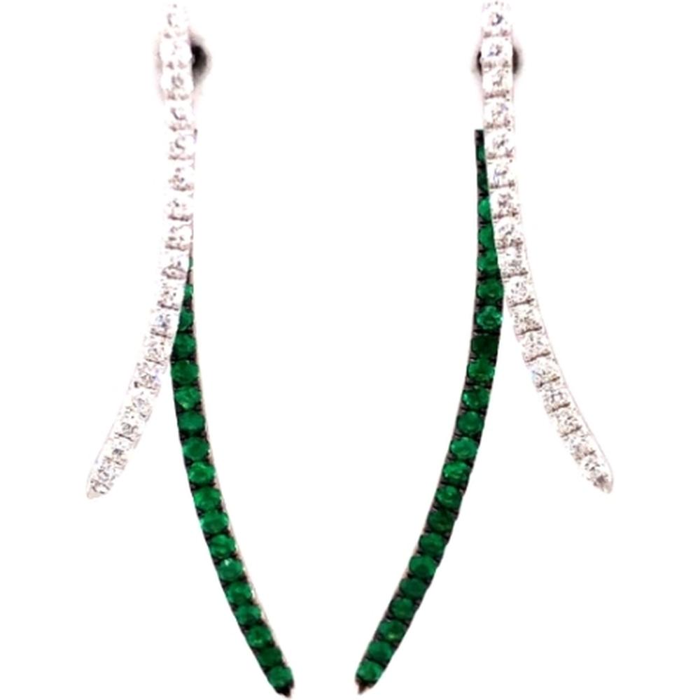 18K White Gold Curved Drop Earrings with Round Emeralds and Diamonds by Afarin