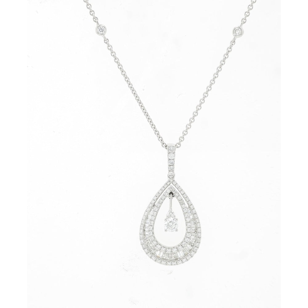 18K White Gold Dancing Diamond Pendant with Double-Row Pear Halo and Diamond-by-the-Yard Chain - 0.98 Carat Total Diamond Weight
