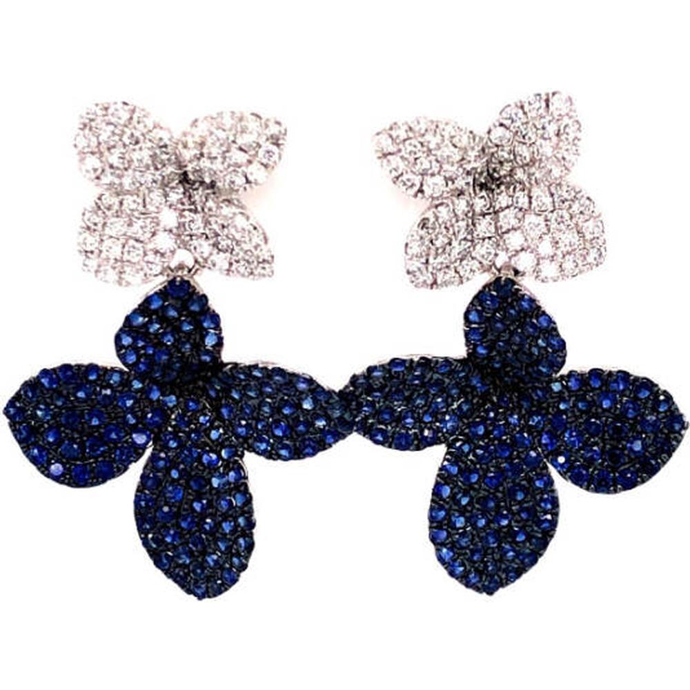 18K White Gold Diamond and Blue Sapphire Double Flower Drop Earrings by Afarin