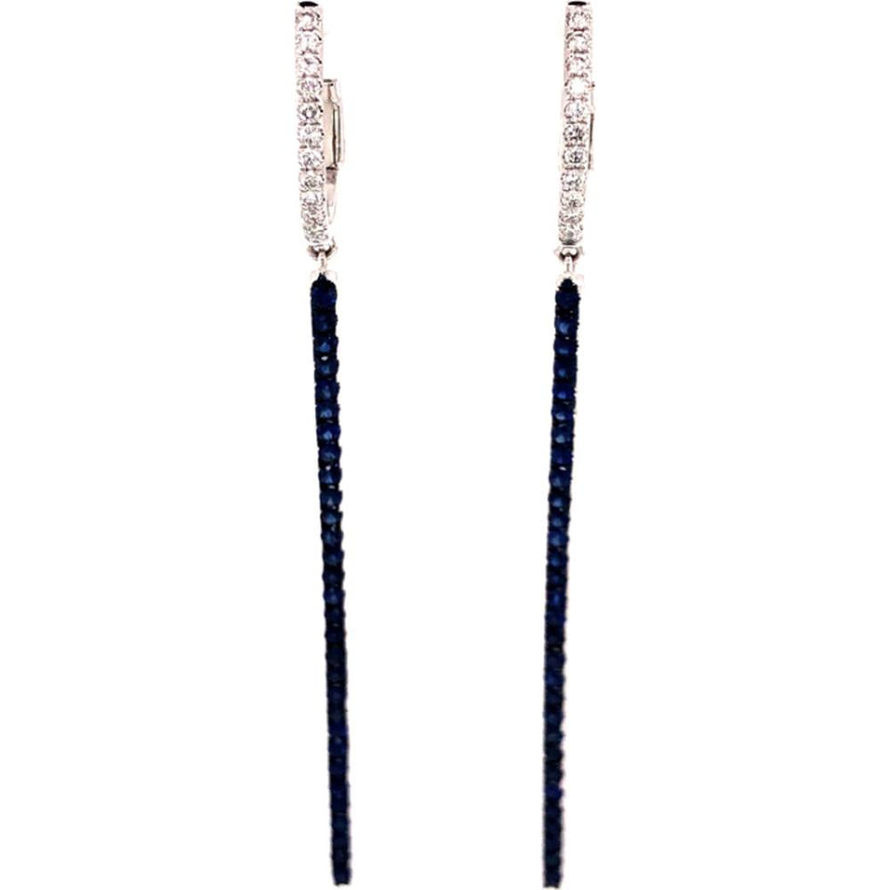 18K White Gold Diamond and Blue Sapphire Long Drop Huggie Earrings by Afarin