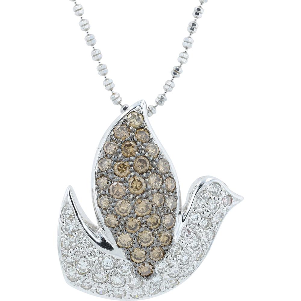 18K White Gold Diamond Bird Pendant with 1.70 Carats of Champagne and White Diamonds