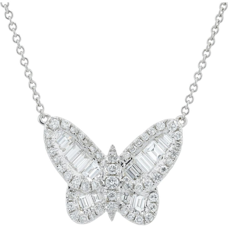 18K White Gold Diamond Butterfly Necklace with 1.52 Carat s of Baguette and Round Diamonds