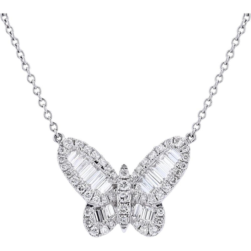 18K White Gold Diamond Butterfly Pendant Necklace with Baguette and Round-Cut Diamonds - 1.50 Carats Total Diamond Weight