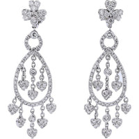 18K White Gold Diamond Chandelier Earrings with Heart - Shaped Diamonds - 3.20 Carat Total Diamond Weight